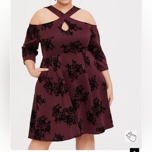 Torrid Burgundy Purple Flocked Scuba Gown Halter Skater Dress Sz 2X Black Floral
